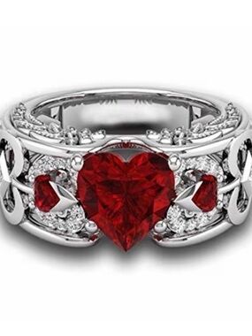 Red Heart Gemstone Silver Tone Ring - Women Jewelry